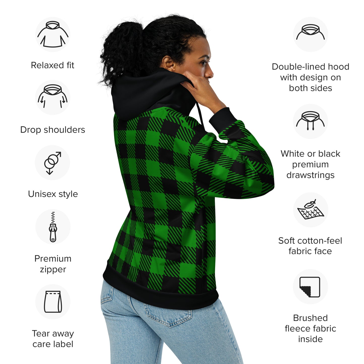 Green and Black Tartan Unisex Zip Hoodie