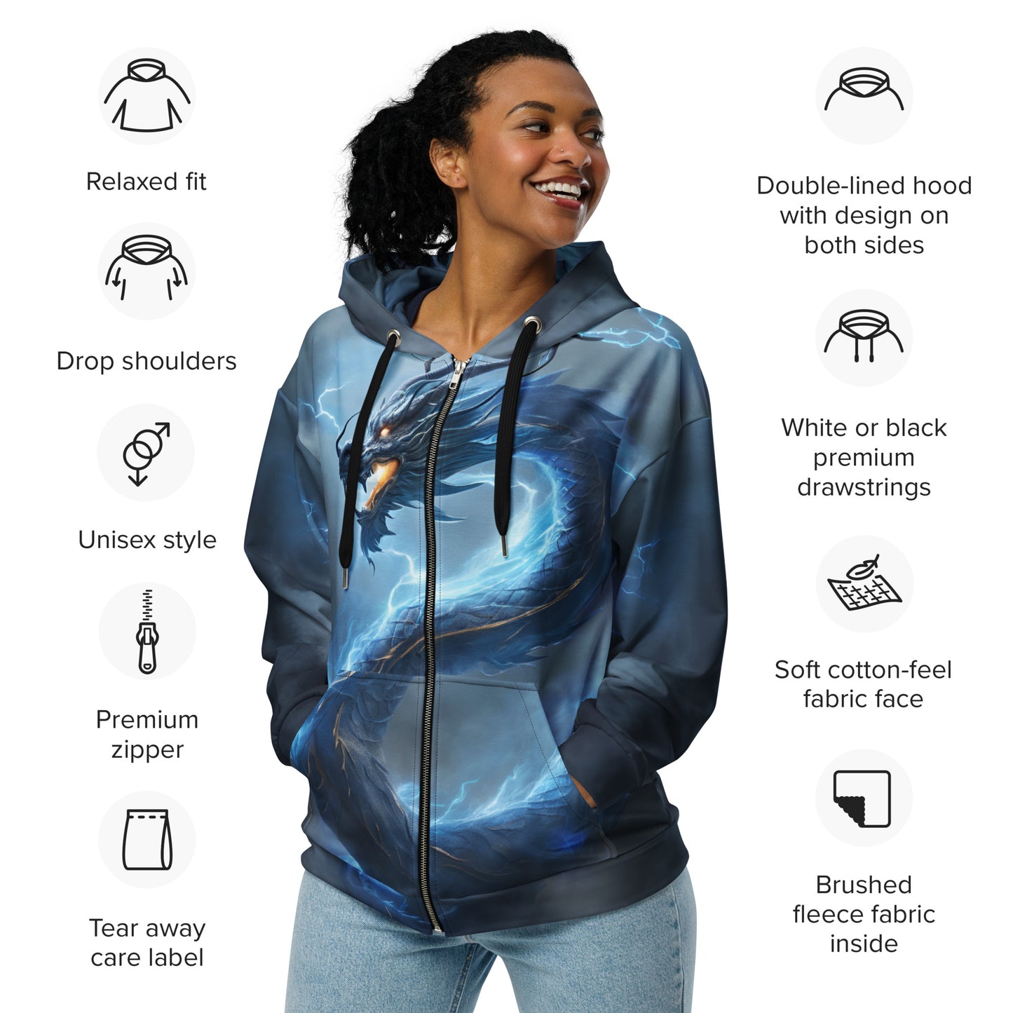 Blue Lightning Chinese Dragon Unisex Zip Hoodie