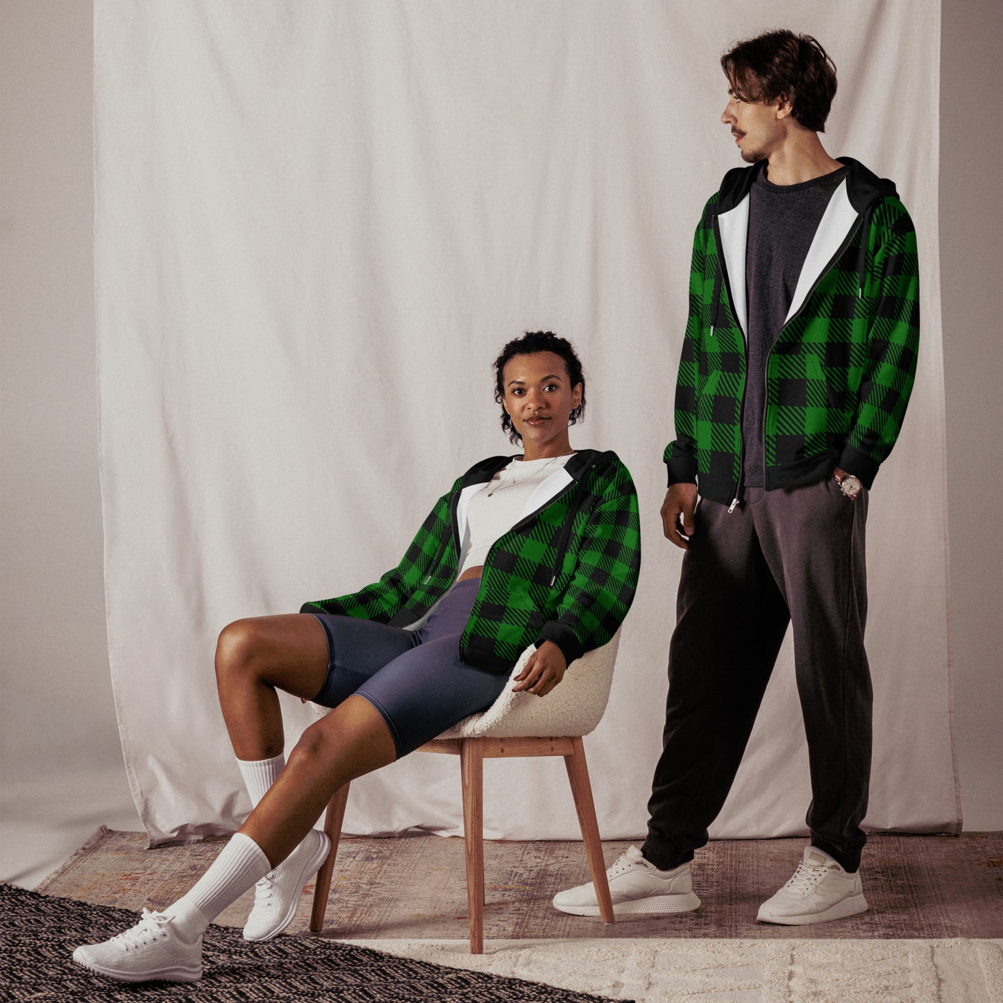 Green and Black Tartan Unisex Zip Hoodie