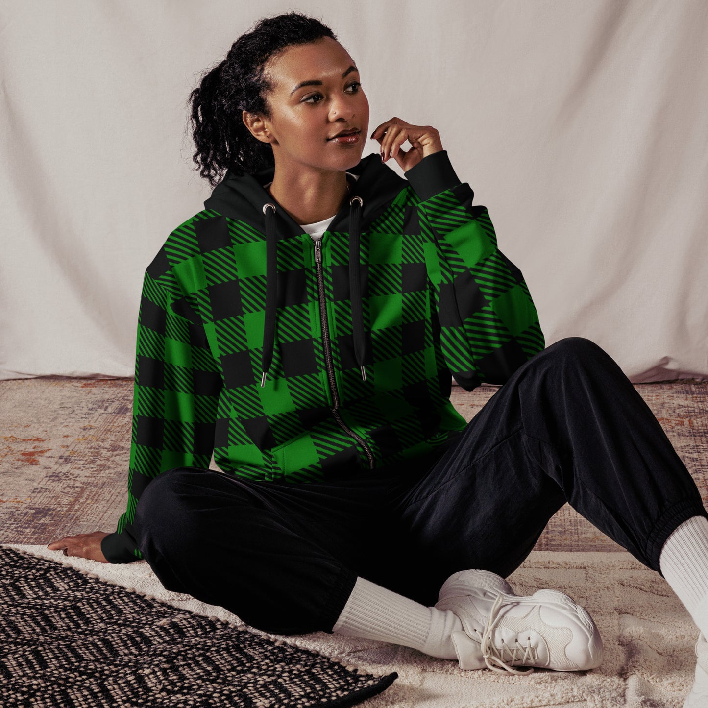 Green and Black Tartan Unisex Zip Hoodie