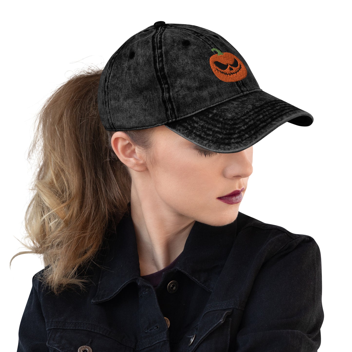 Vintage Jack o Lantern Embroidered Cotton Twill Cap