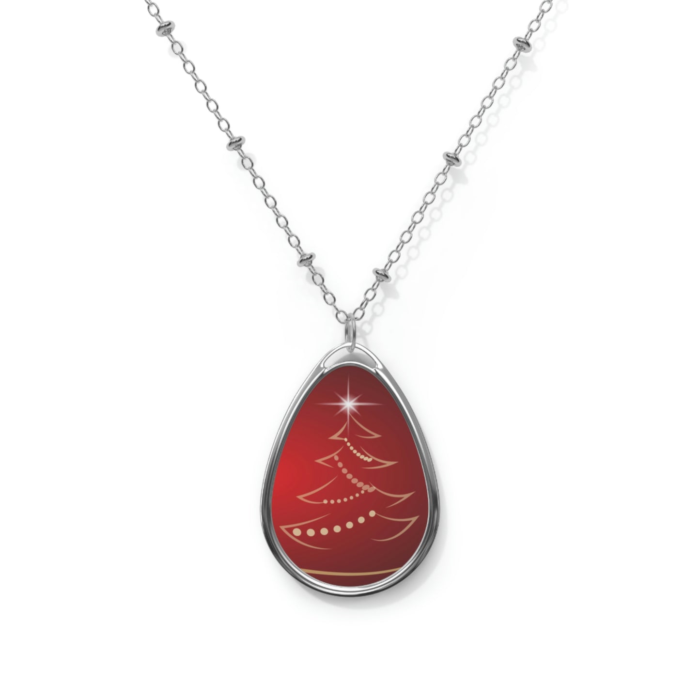 Red Christmas Tree Oval Necklace