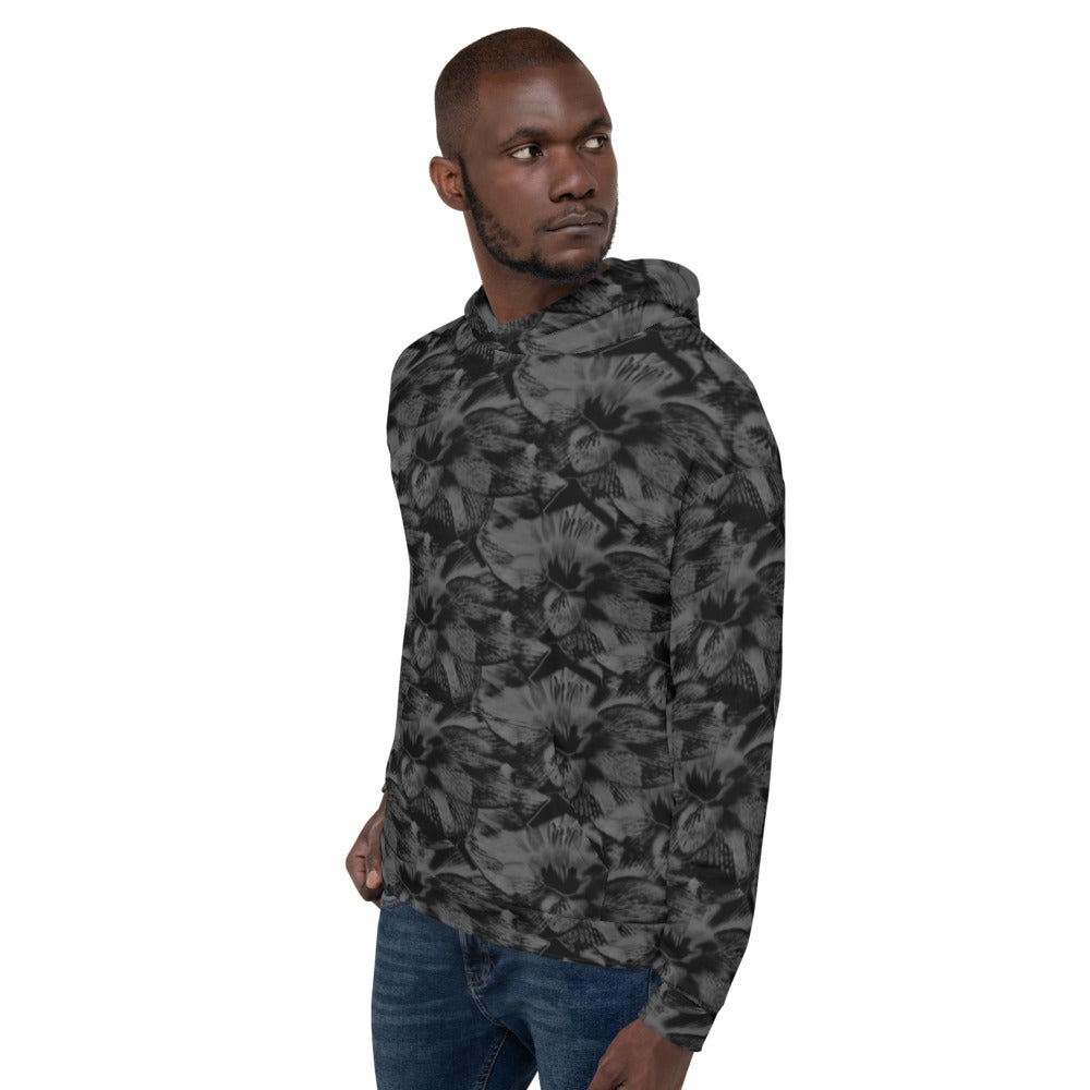 Grey and Black Abstract Floral Unisex Hoodie