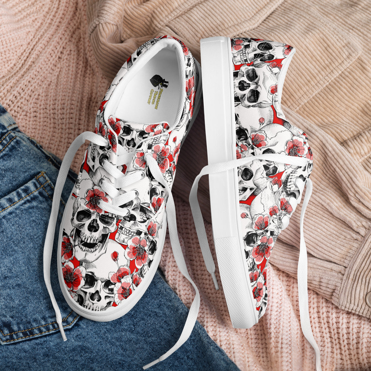 Skulls and Red Flowers Women s Lace up Canvas Shoes Stonecrowe