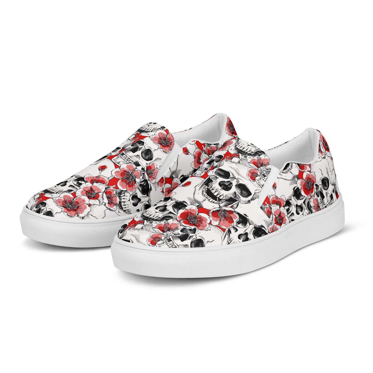 Skulls and Red Blossoms Women’s Slip-on Canvas Shoes