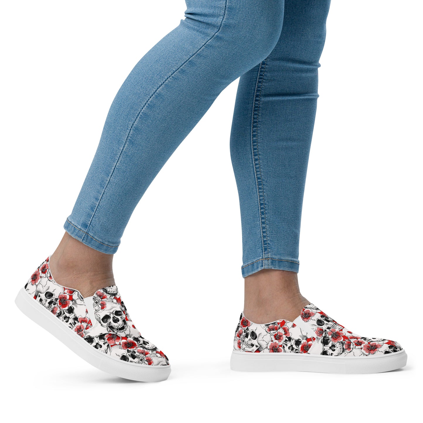 Skulls and Red Blossoms Women’s Slip-on Canvas Shoes