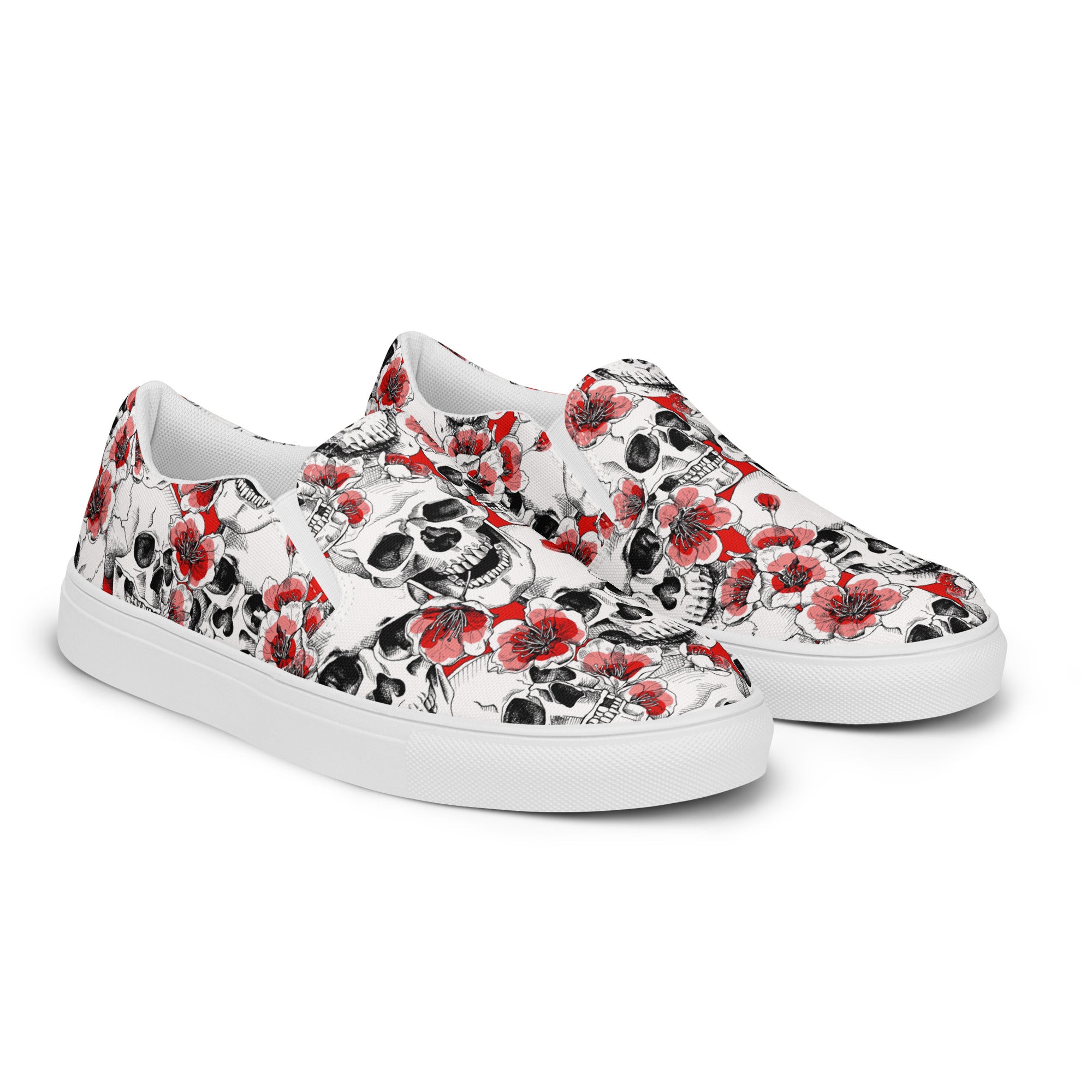 Skulls and Red Blossoms Women’s Slip-on Canvas Shoes
