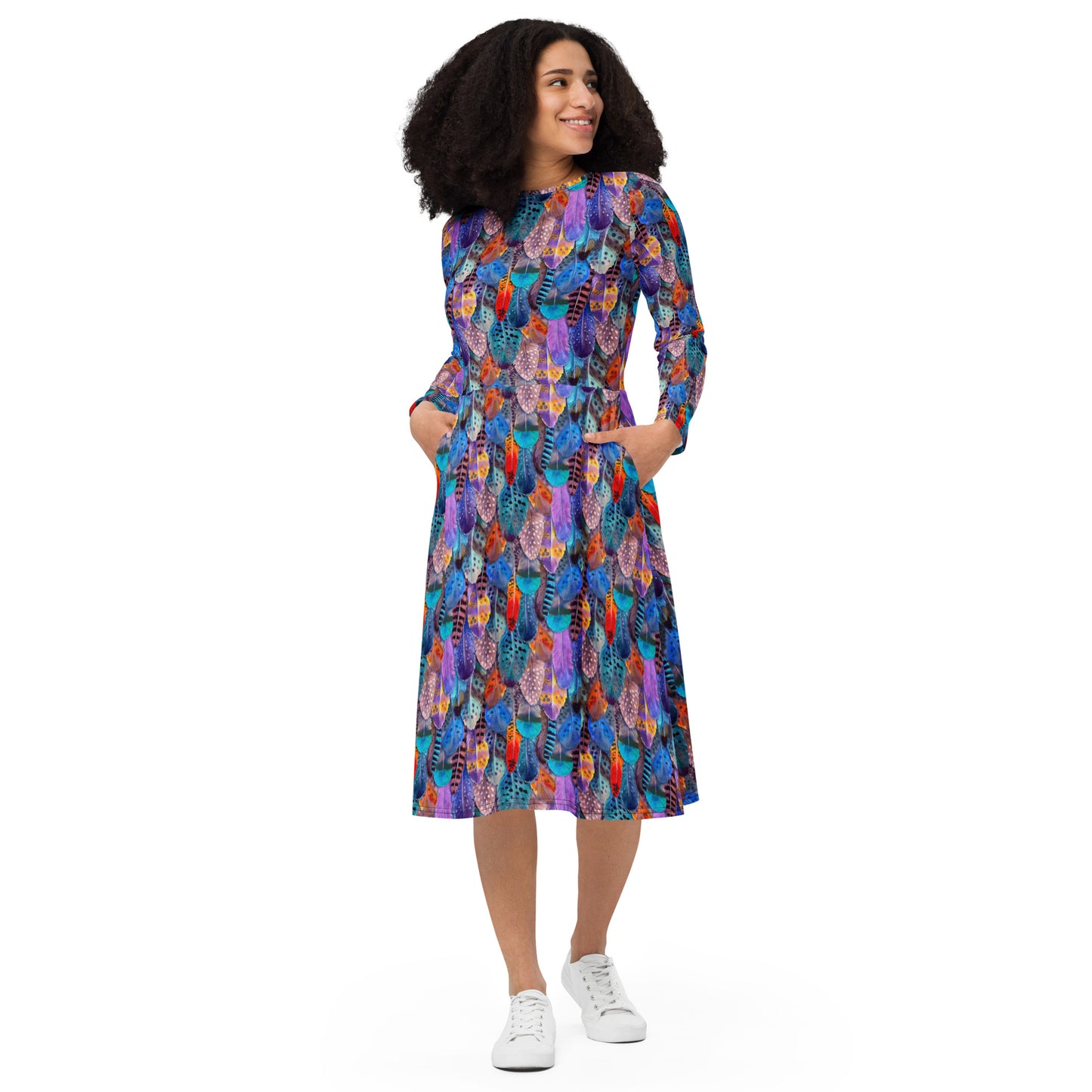 Colorful Feathers Print Long Sleeve Midi Dress