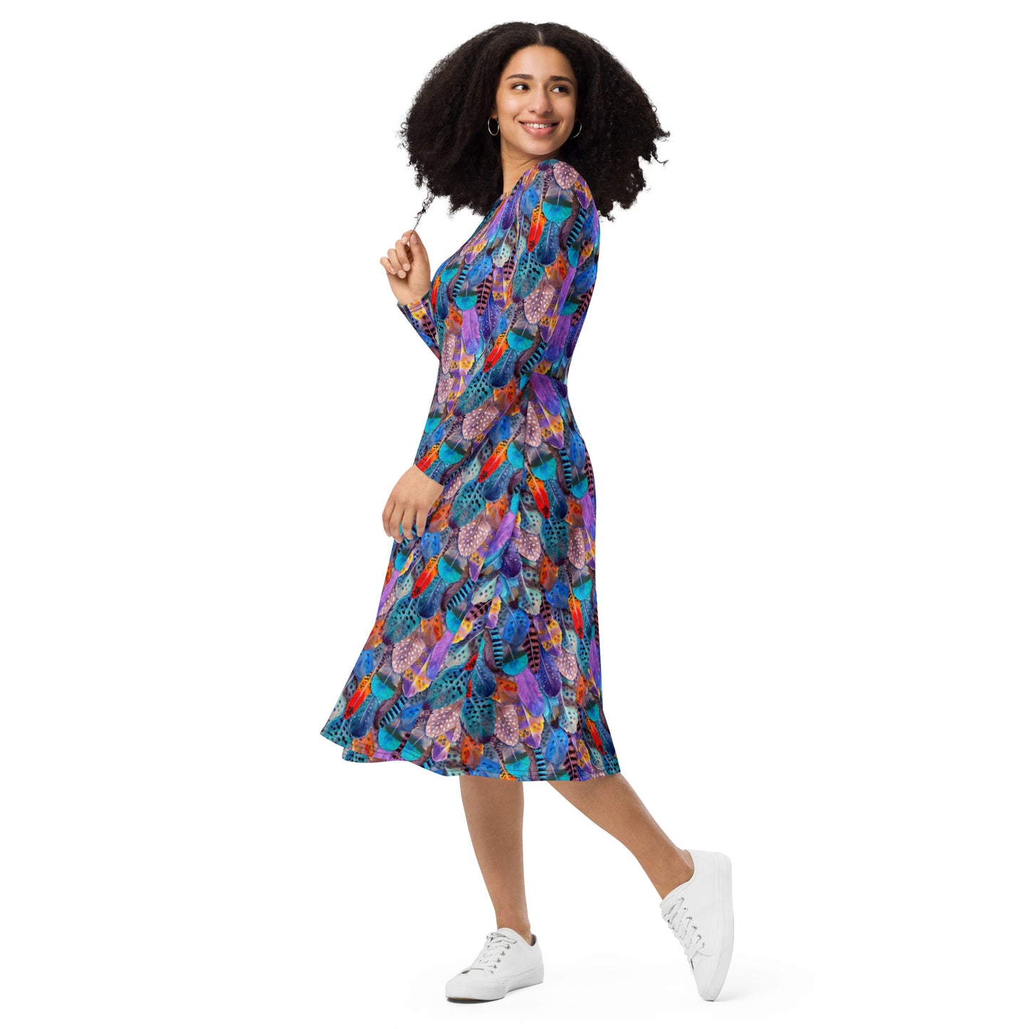 Colorful Feathers Print Long Sleeve Midi Dress