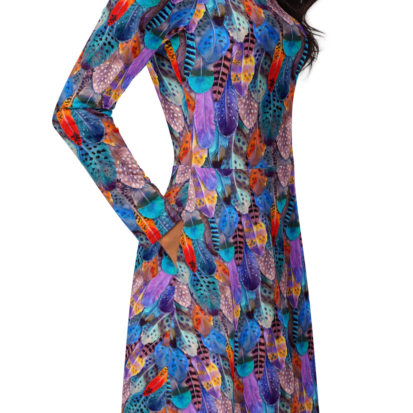 Colorful Feathers Print Long Sleeve Midi Dress