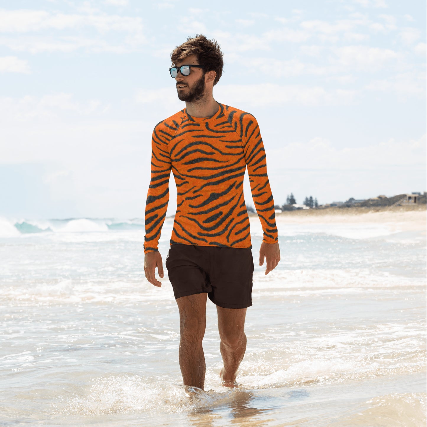 Fuzzy Tiger Stripe Print Men's Rash Guard