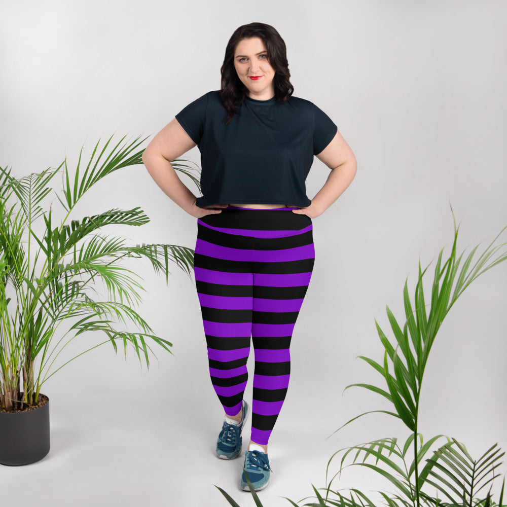 Witch's Purple and Black Stripe Plus Size Leggings