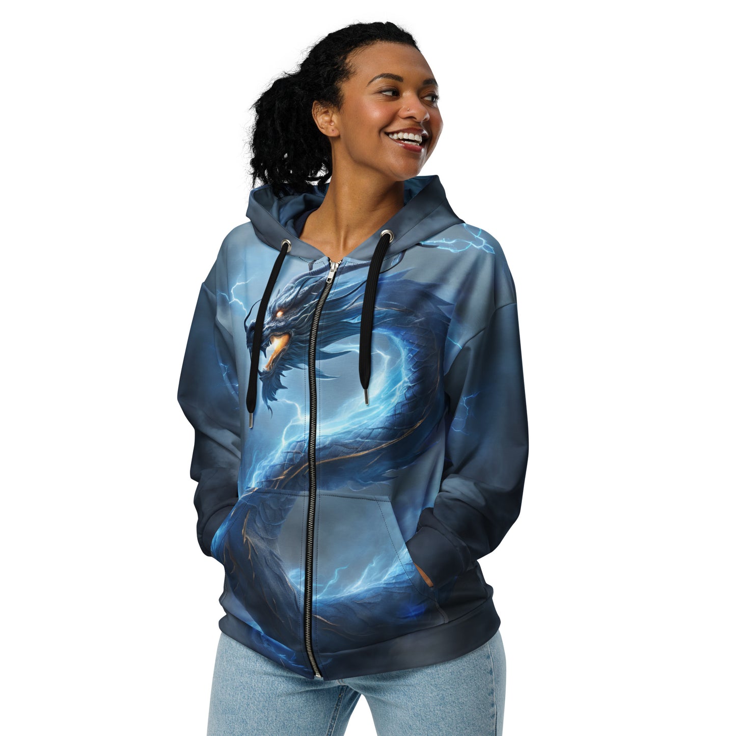 Blue Lightning Chinese Dragon Unisex Zip Hoodie