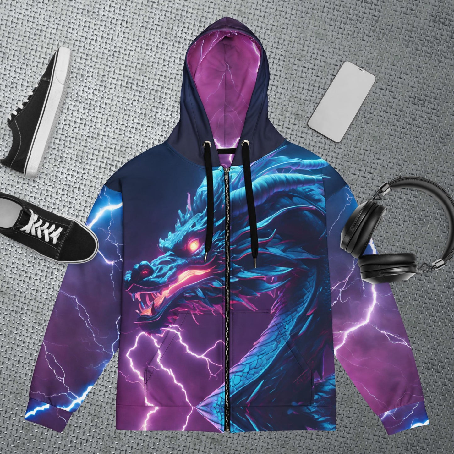 Neon Lightning Dragon Unisex Zip Hoodie