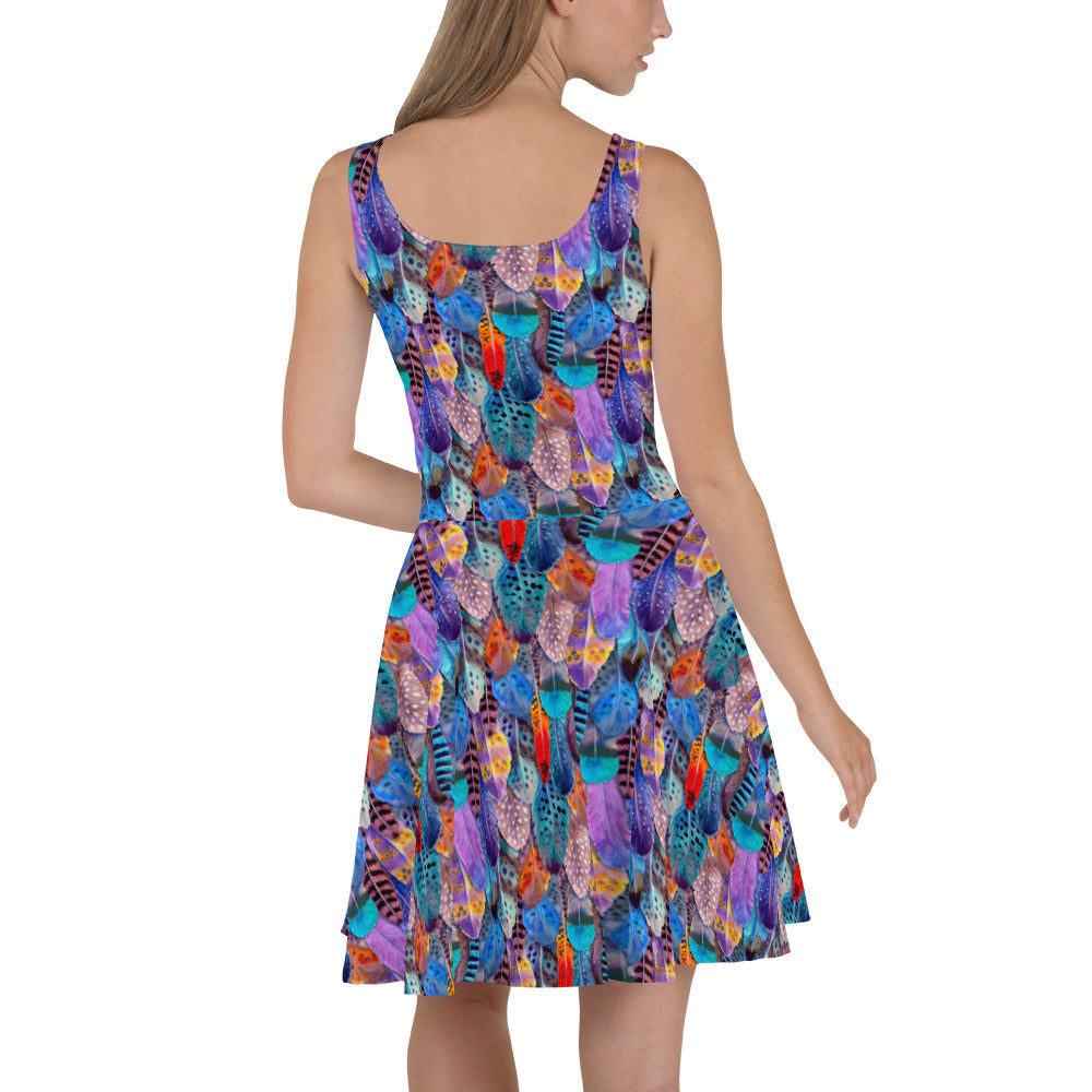 Colorful Feathers Print Skater Dress