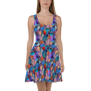 Colorful Feathers Print Skater Dress