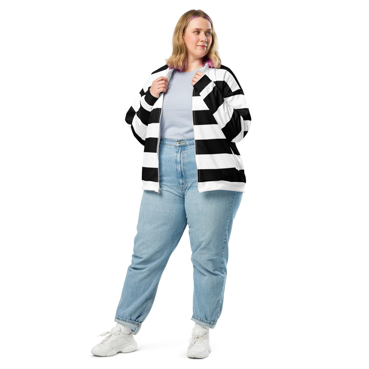 Black and White Striped Unisex Bomber Jacket