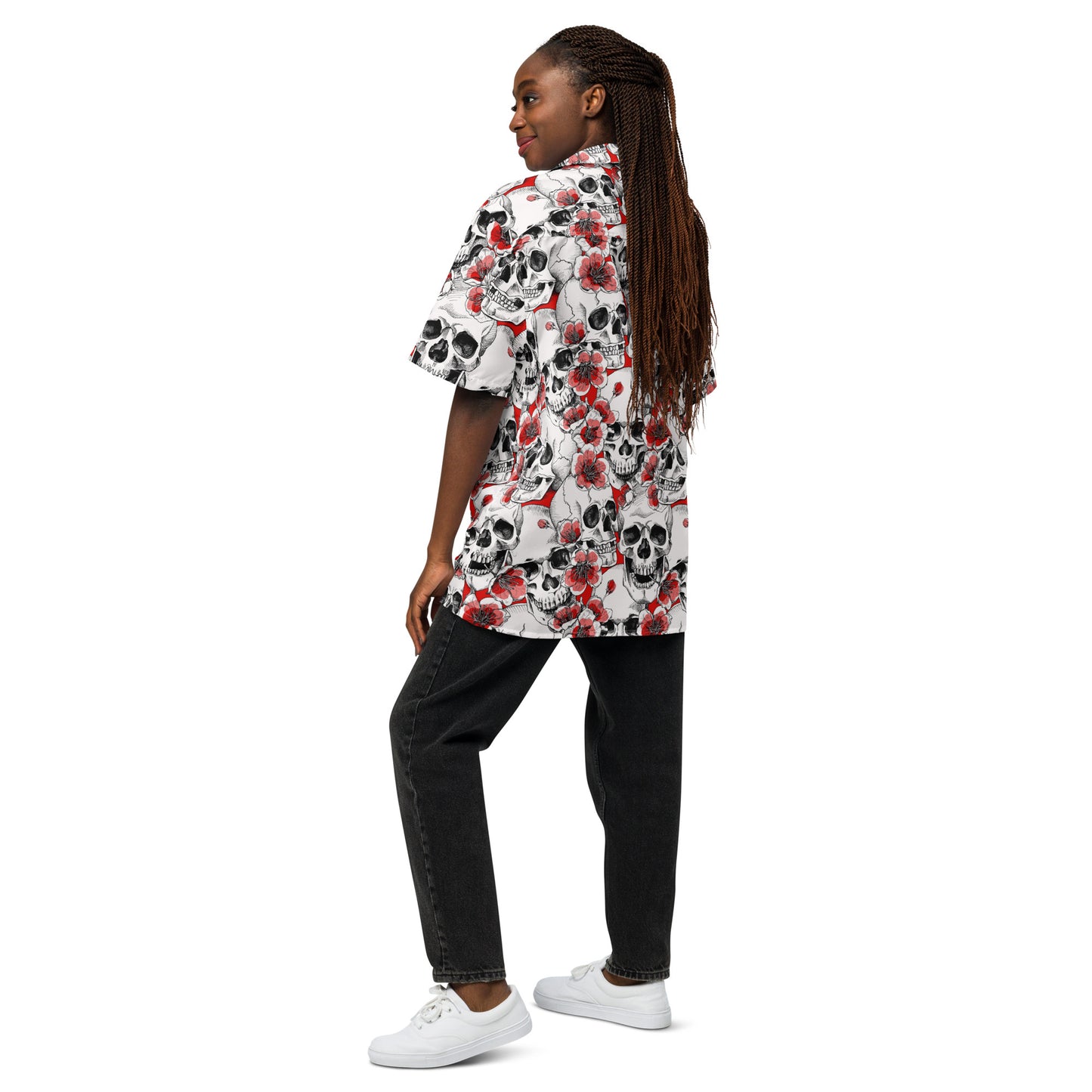 Unisex Skulls with Red Blossoms Button Down Shirt