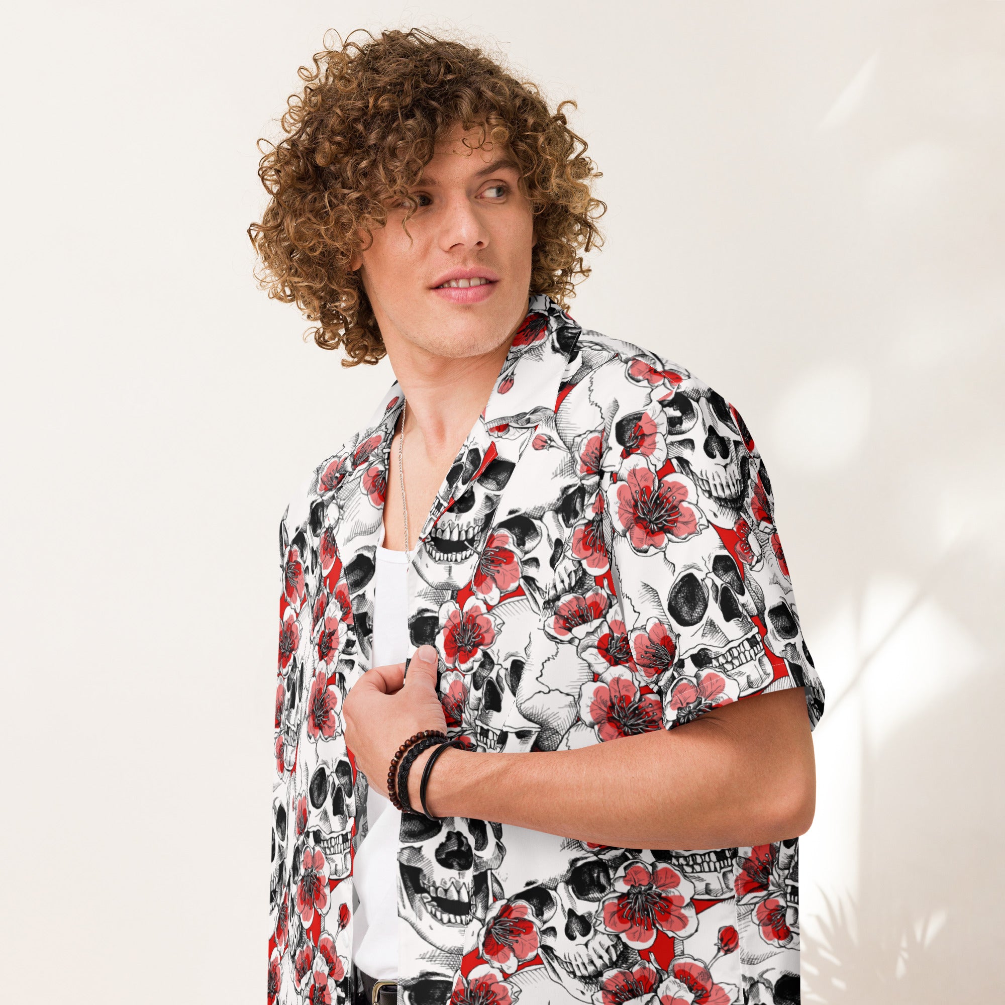 Unisex Skulls with Red Blossoms Button Down Shirt