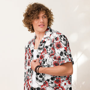 Unisex Skulls with Red Blossoms Button Down Shirt