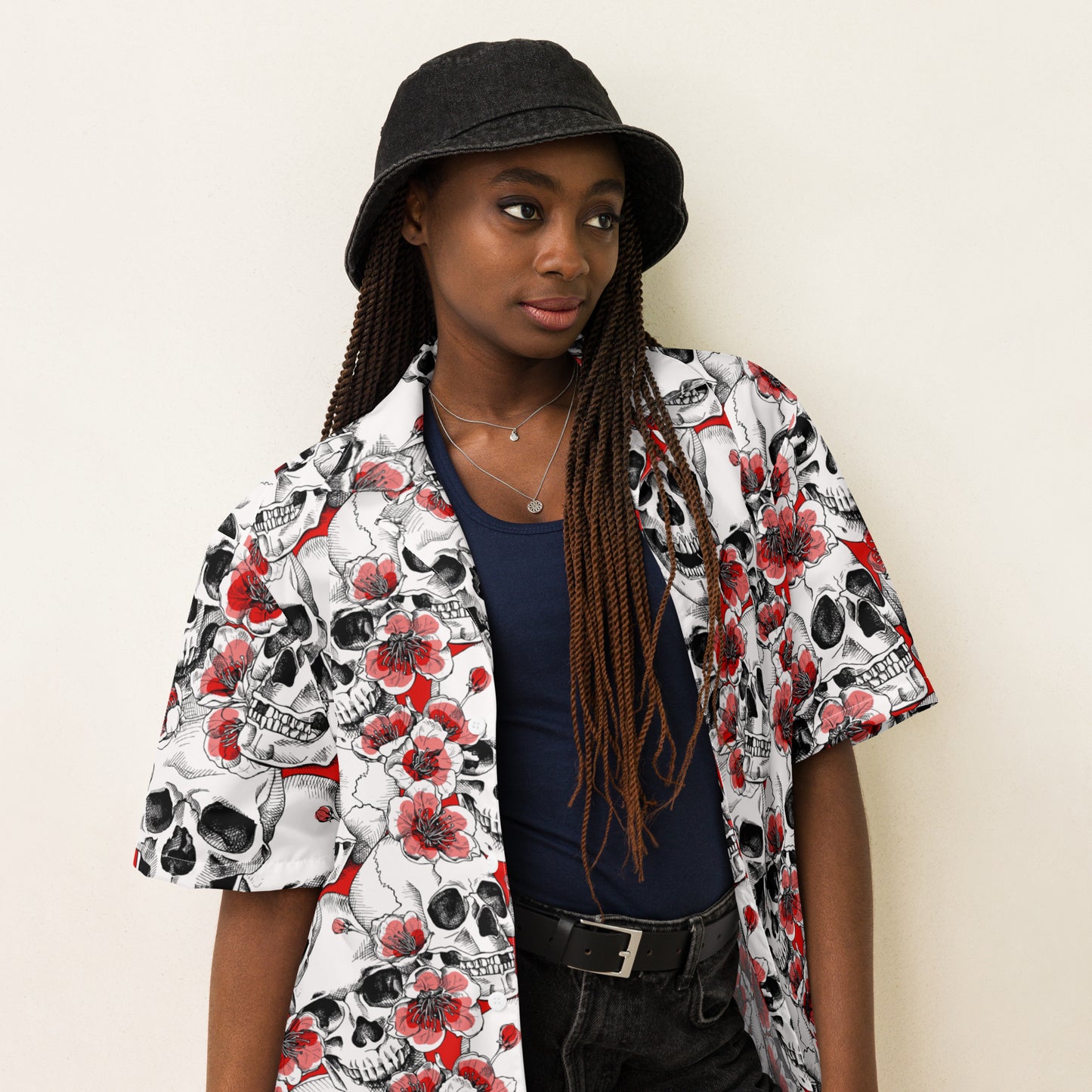 Unisex Skulls with Red Blossoms Button Down Shirt