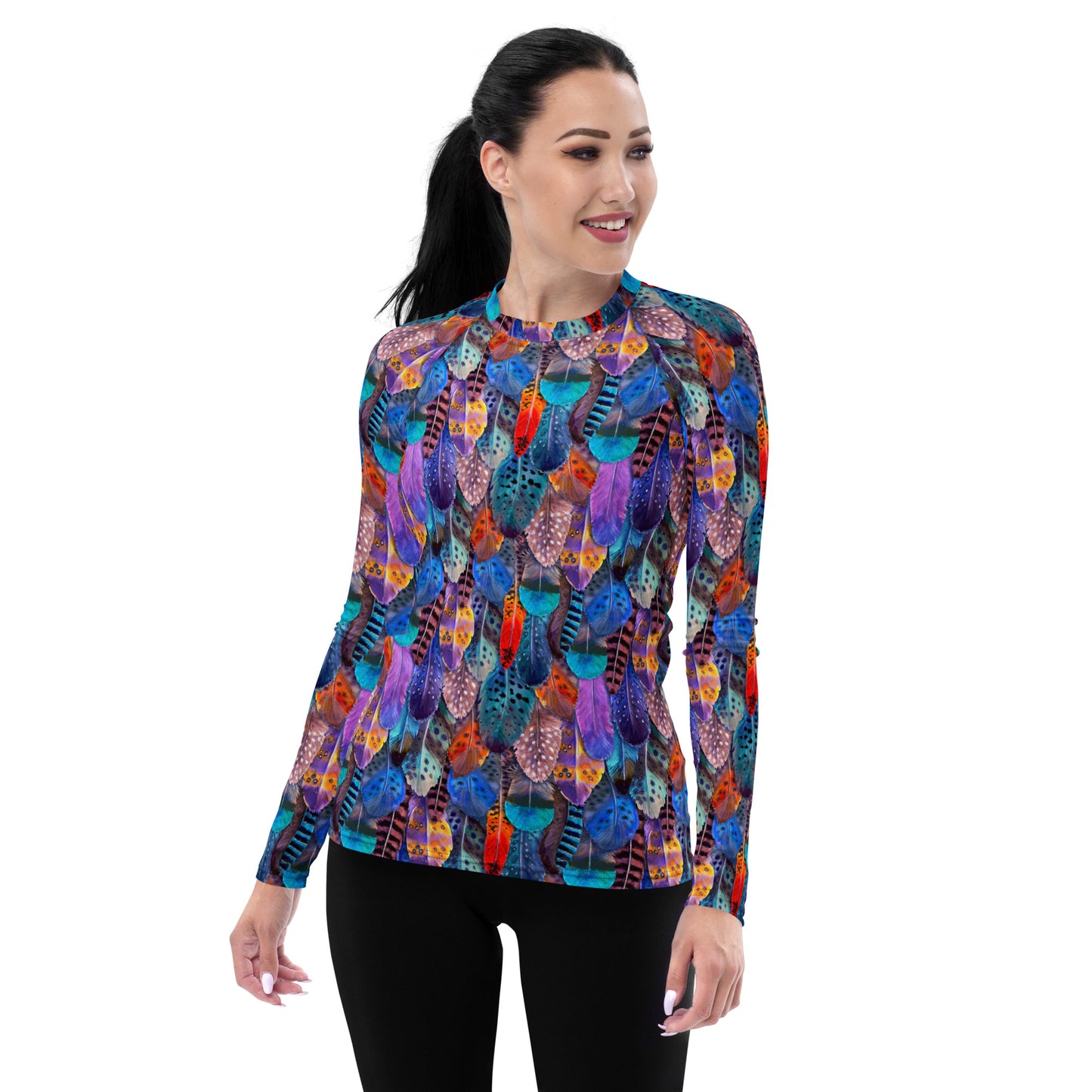 Colorful Feathers Print Women's Rash Guard