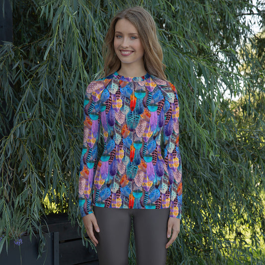 Colorful Feathers Print Women's Rash Guard