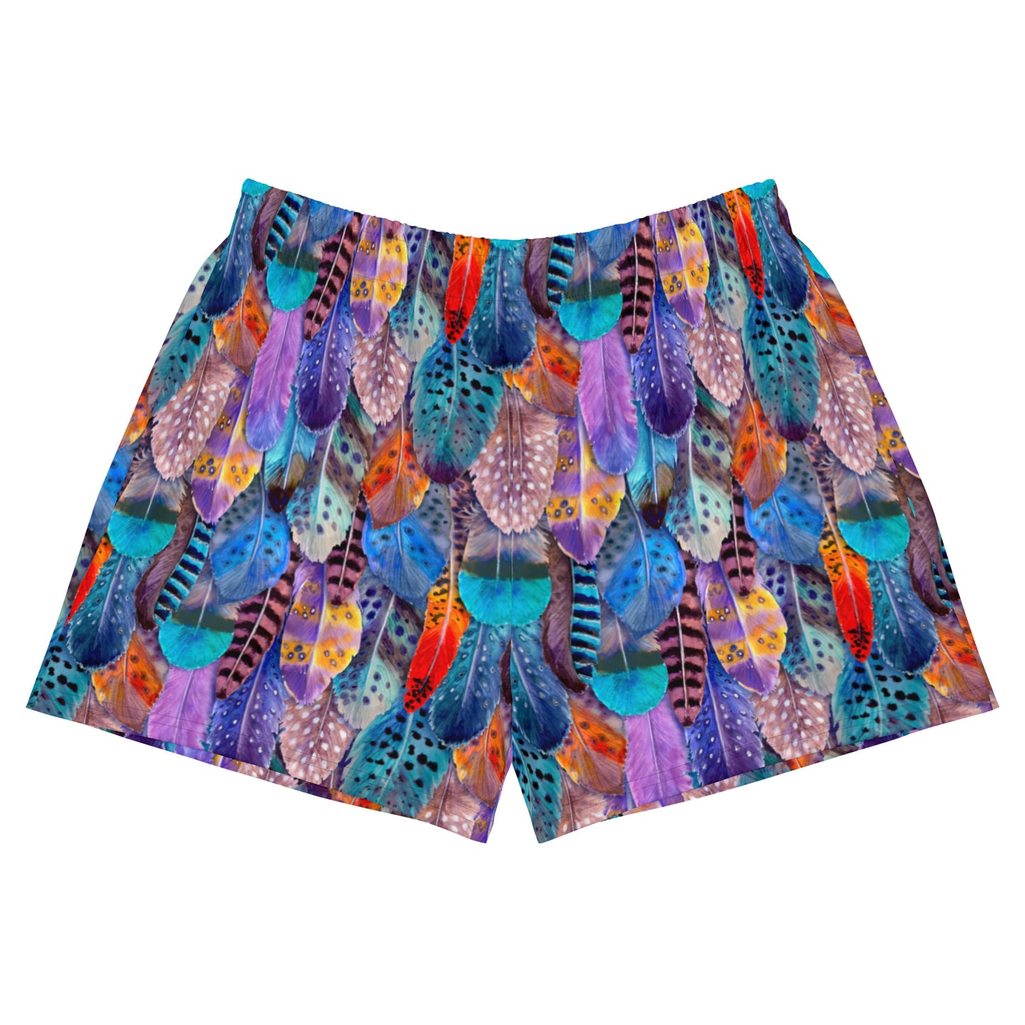 Colorful Feathers Print Women’s Recycled Athletic Shorts