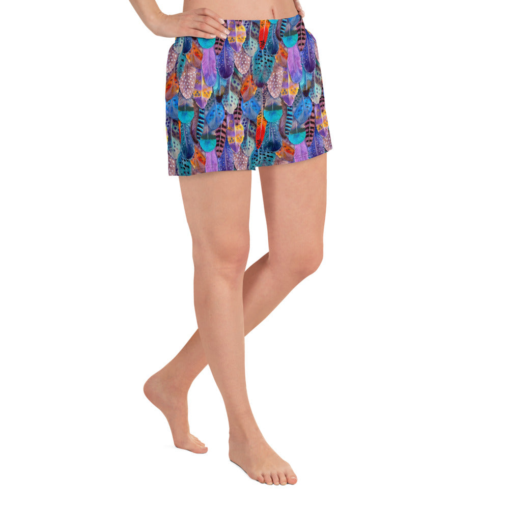 Colorful Feathers Print Women’s Recycled Athletic Shorts