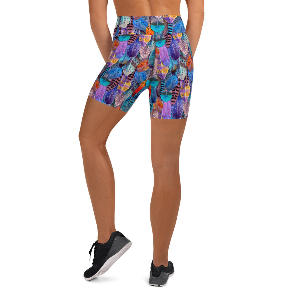 Colorful Feathers Print Yoga Shorts