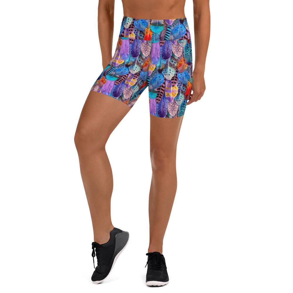 Colorful Feathers Print Yoga Shorts