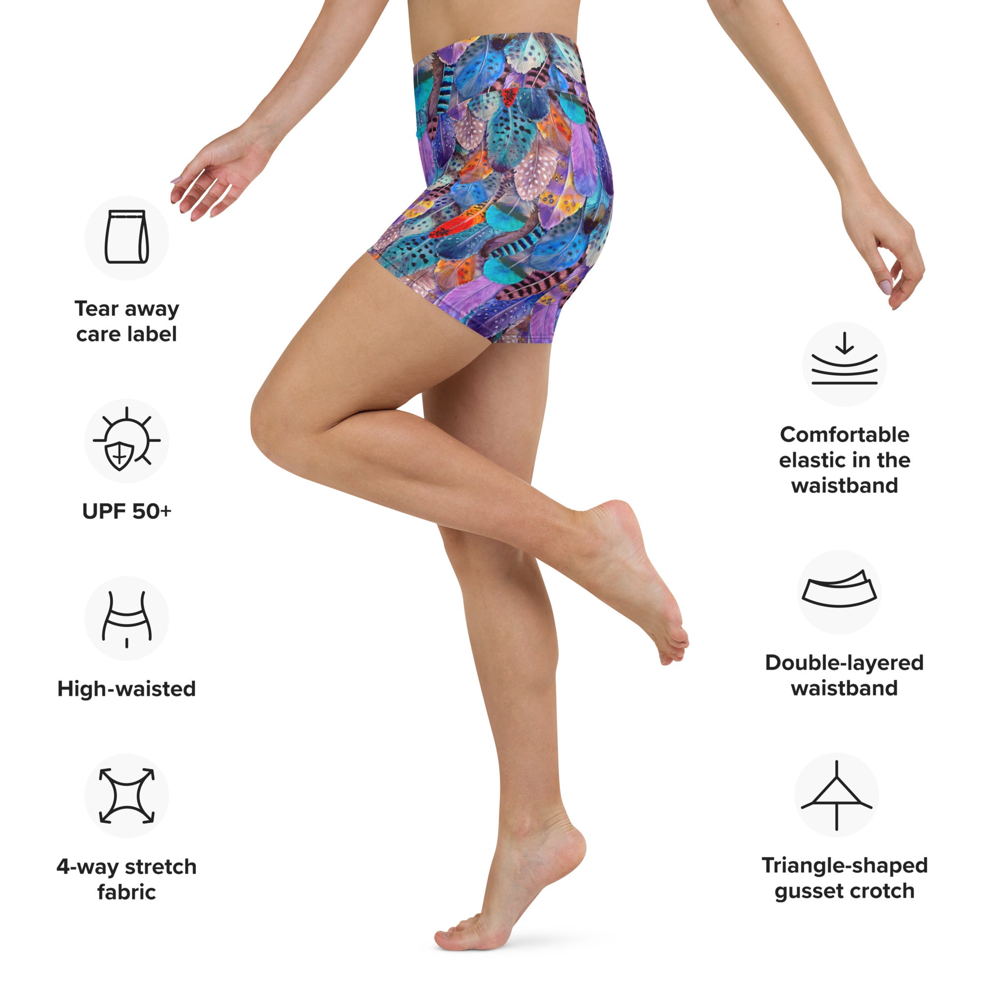 Colorful Feathers Print Yoga Shorts