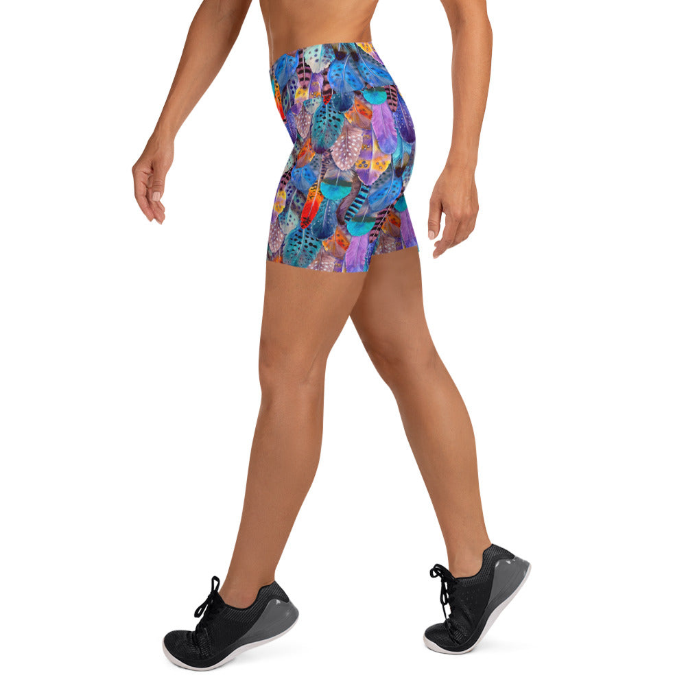 Colorful Feathers Print Yoga Shorts