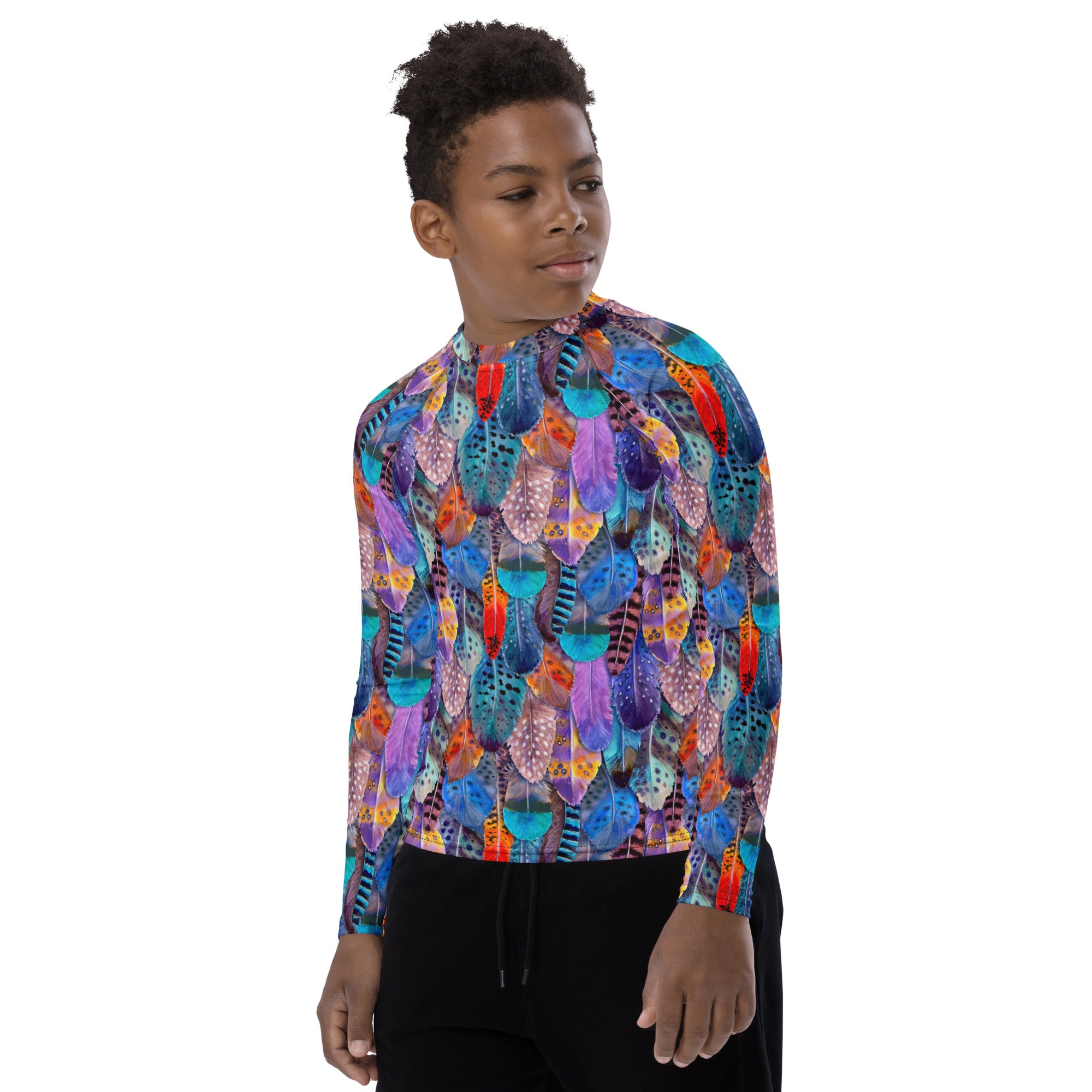 Colorful Feathers Print Youth Rash Guard