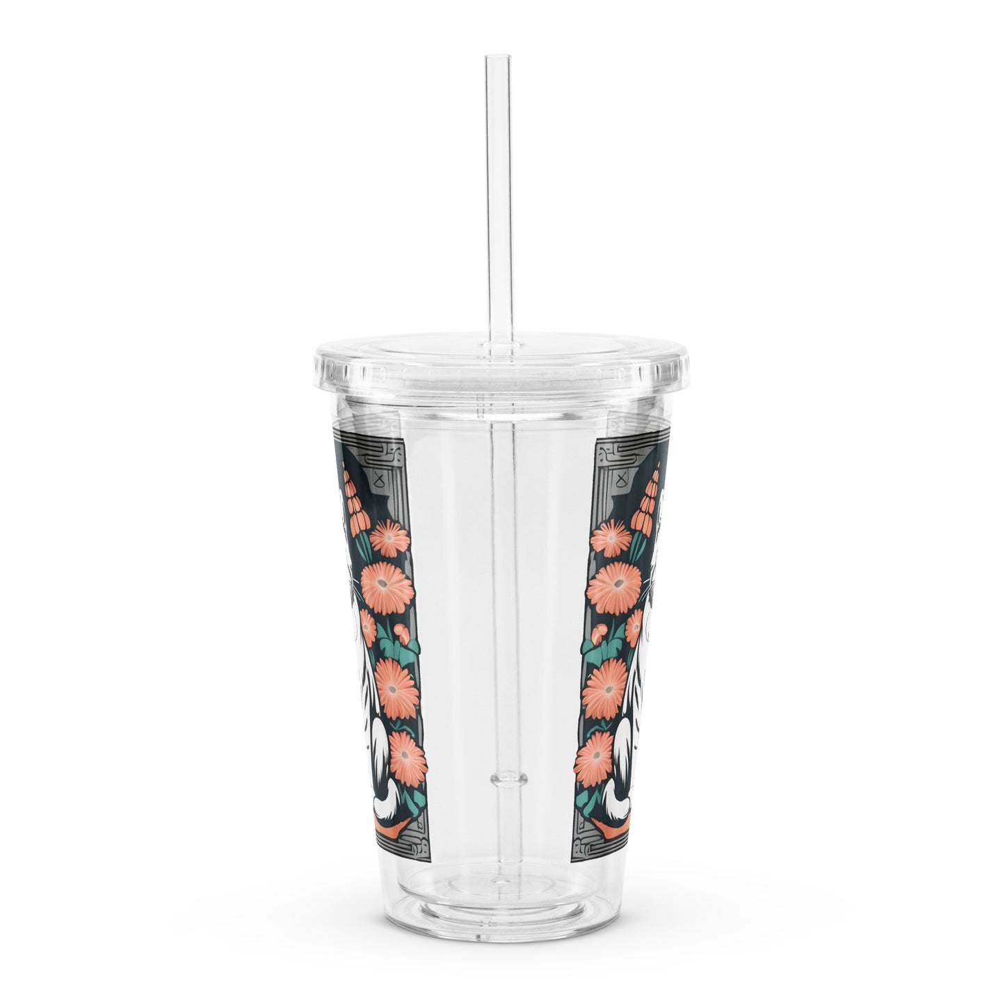 Tabby Cat with Flowers Clear Plastic Tumbler