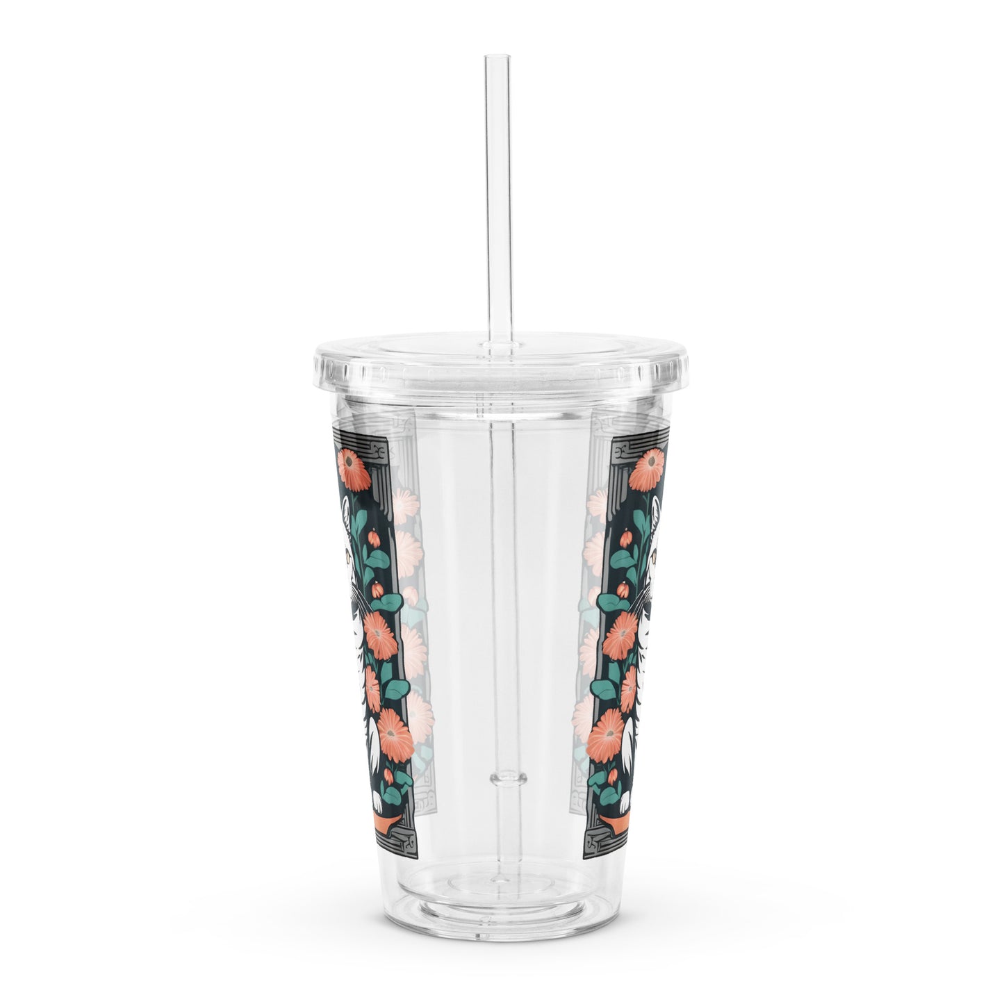 Tabby Cat with Flowers Clear Plastic Tumbler