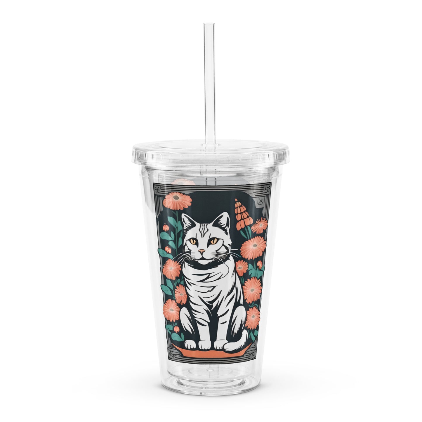 Tabby Cat with Flowers Clear Plastic Tumbler