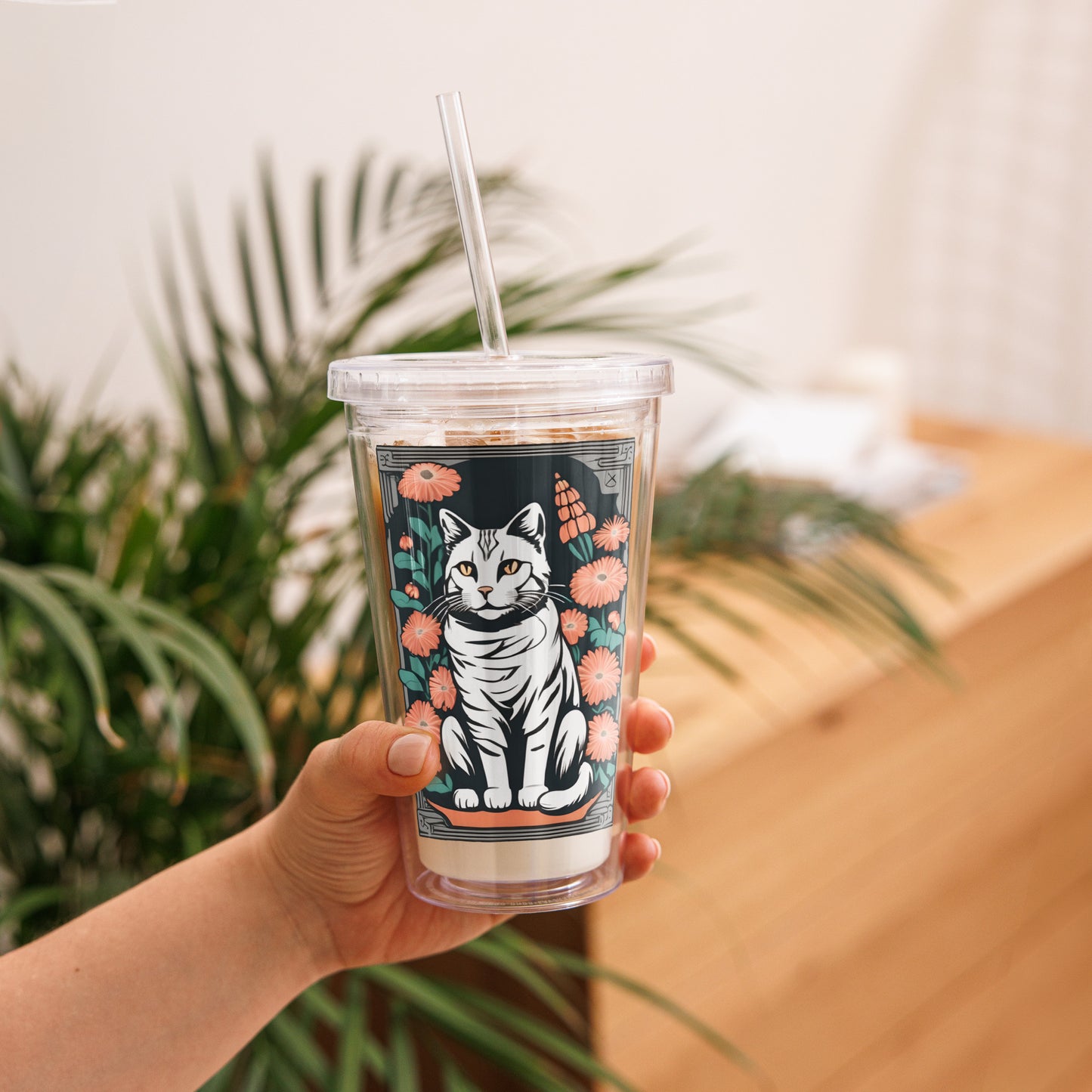 Tabby Cat with Flowers Clear Plastic Tumbler