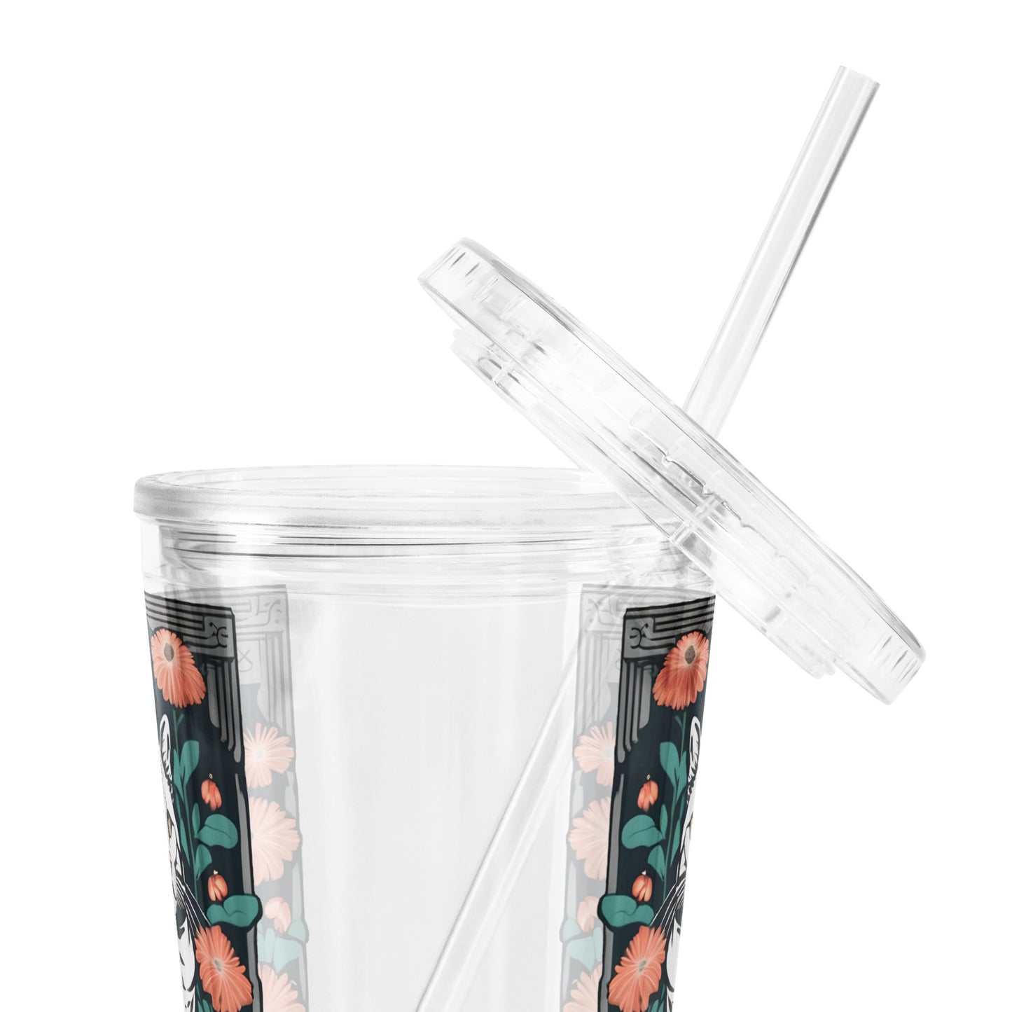 Tabby Cat with Flowers Clear Plastic Tumbler