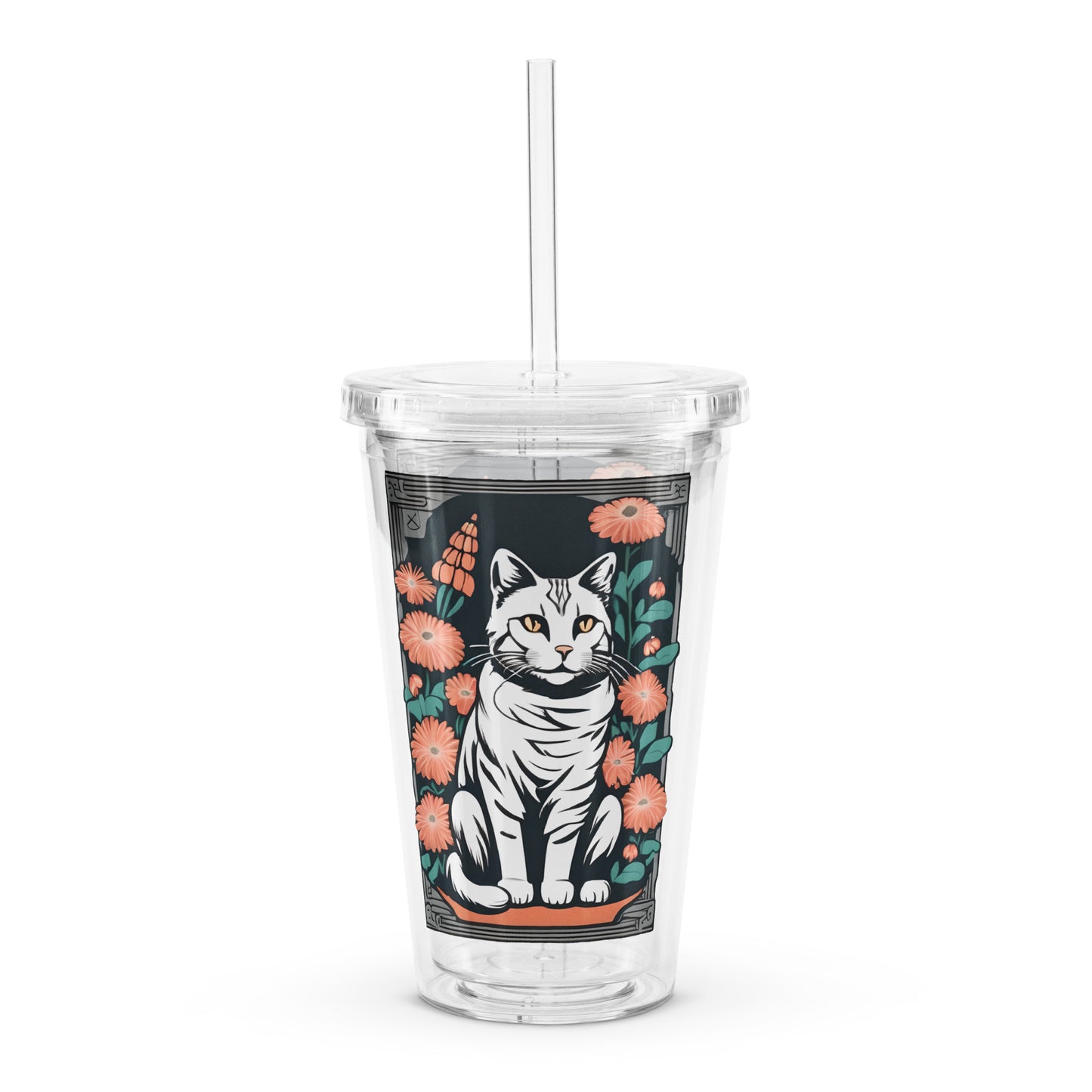 Tabby Cat with Flowers Clear Plastic Tumbler