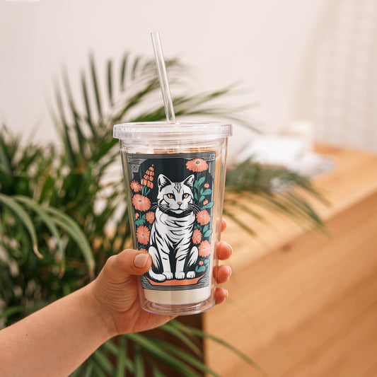 Tabby Cat with Flowers Clear Plastic Tumbler