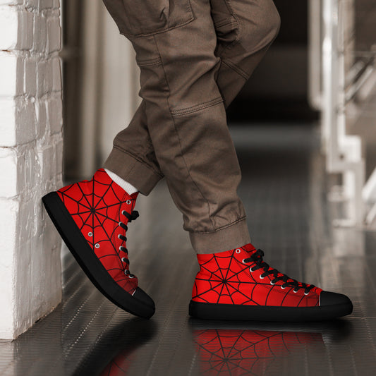 Crimson Spider Web Men’s High Top Canvas Shoes