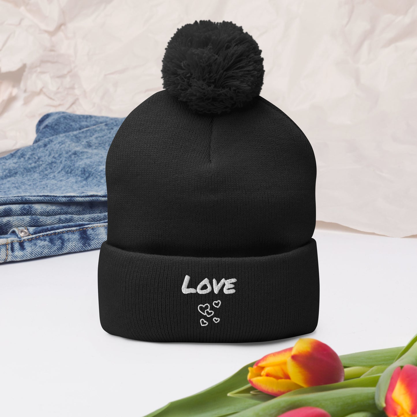 Love Embroidered Pom-Pom Beanie