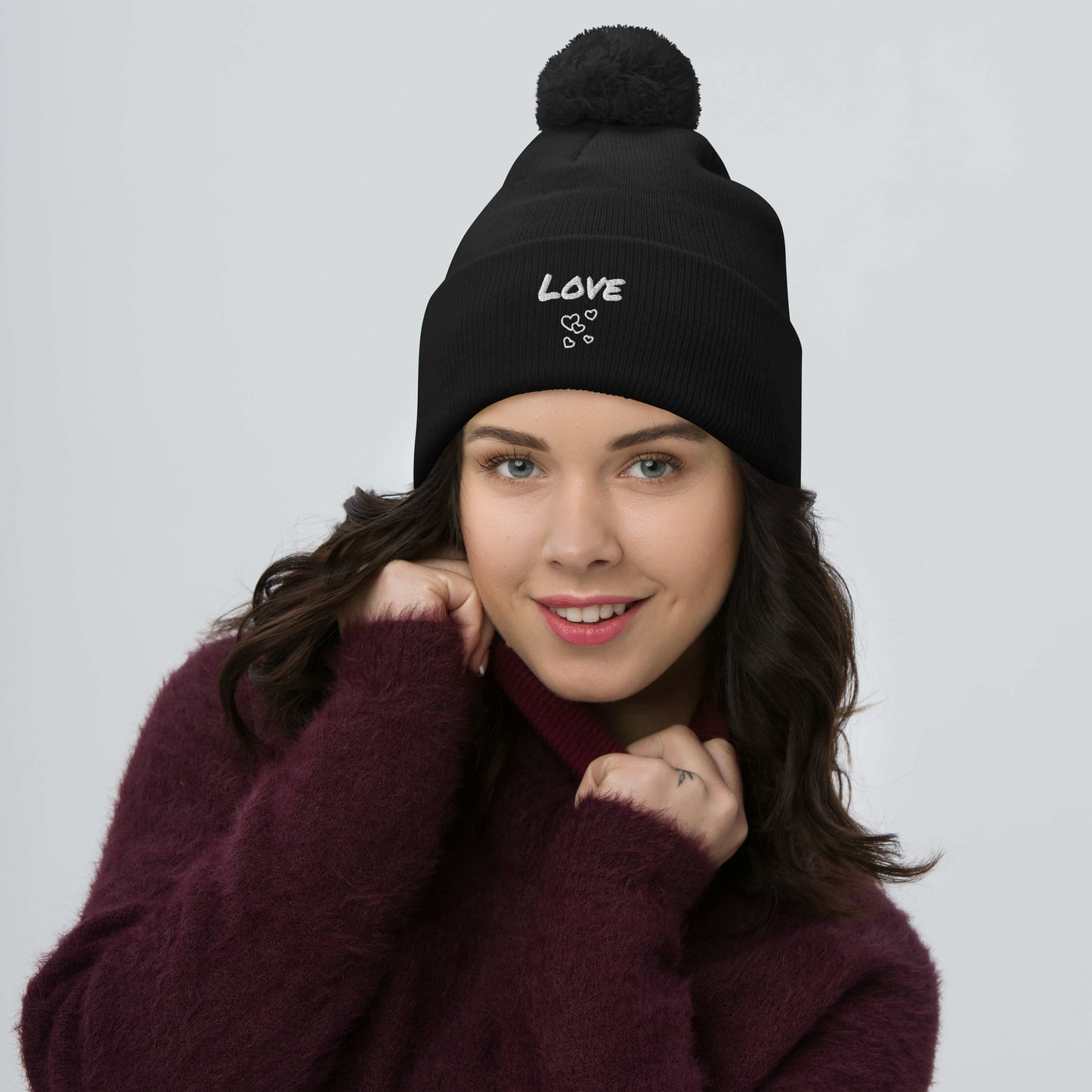 Love Embroidered Pom-Pom Beanie