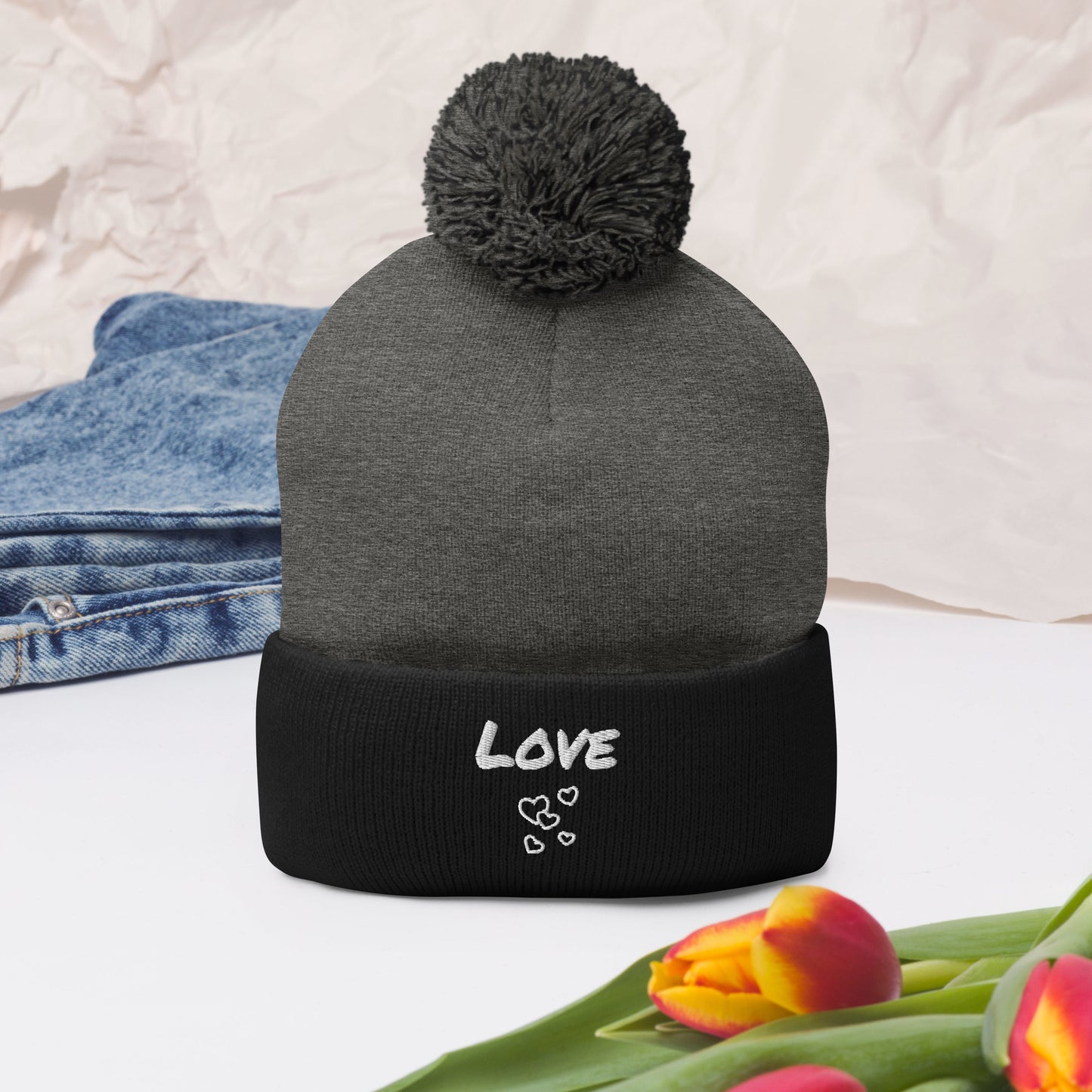 Love Embroidered Pom-Pom Beanie