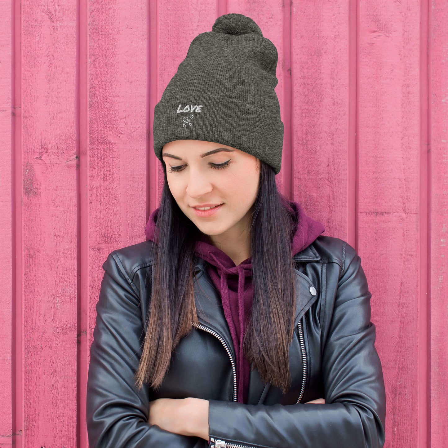 Love Embroidered Pom-Pom Beanie