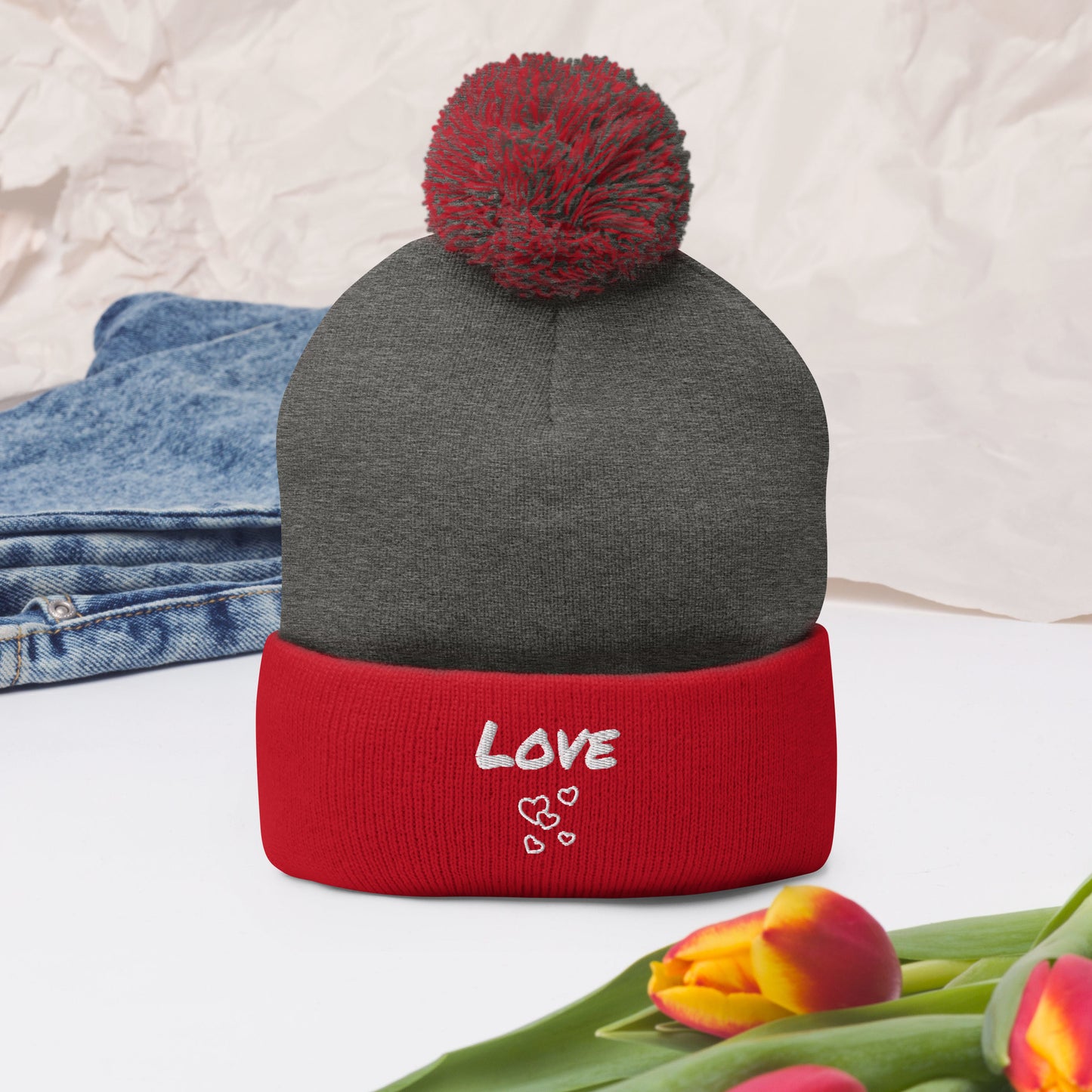 Love Embroidered Pom-Pom Beanie