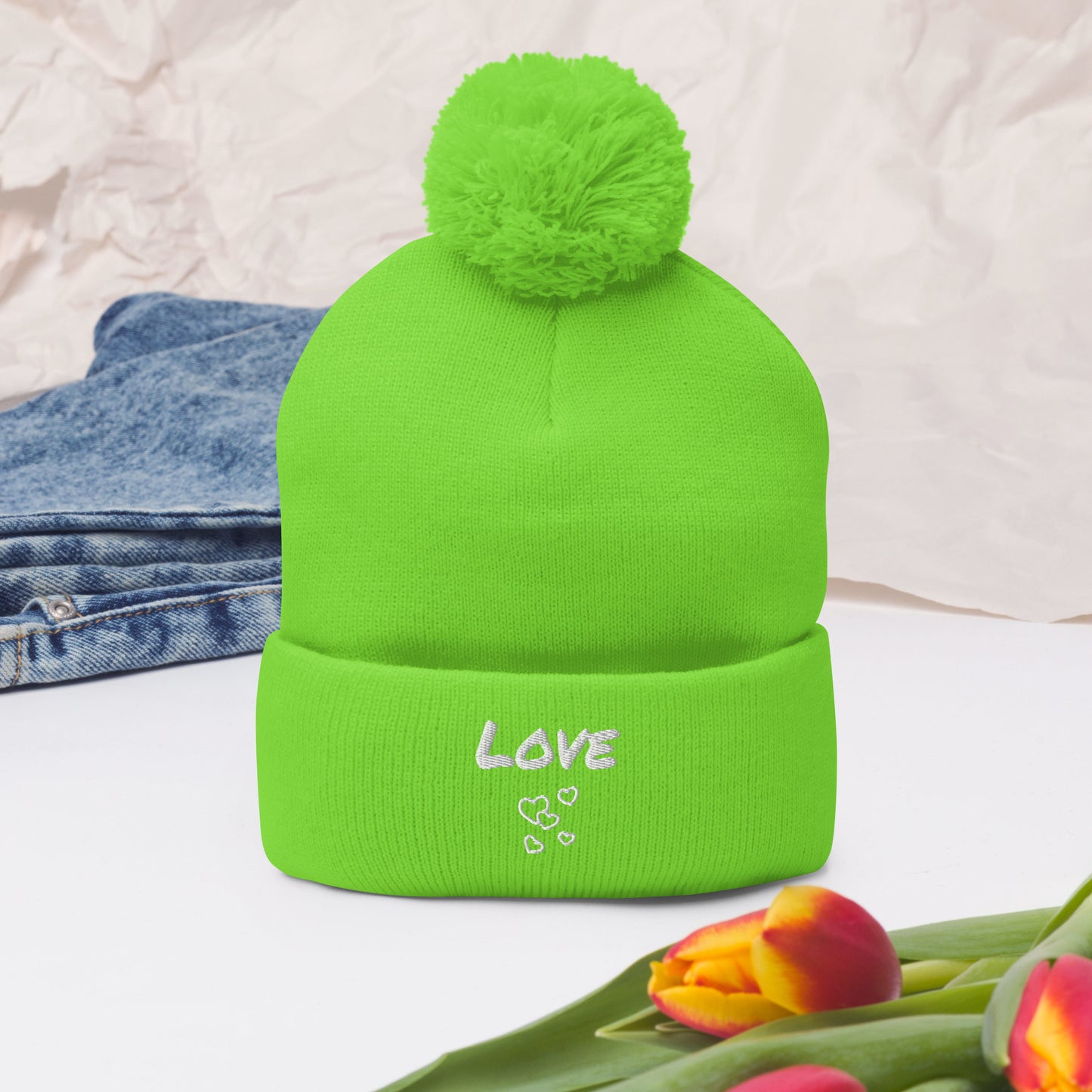 Love Embroidered Pom-Pom Beanie