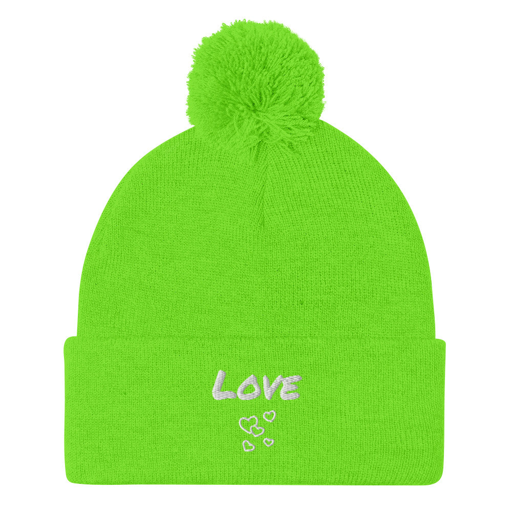 Love Embroidered Pom-Pom Beanie