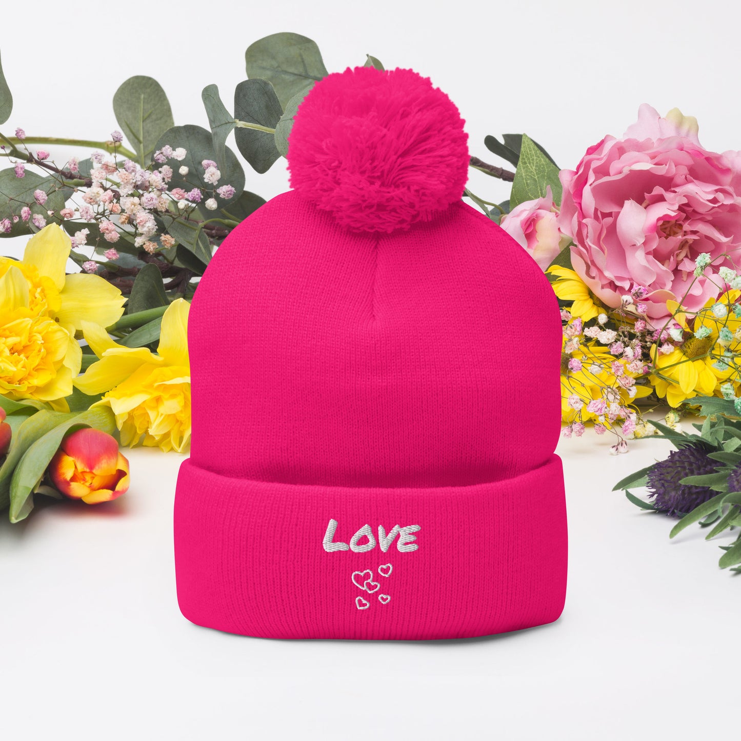 Love Embroidered Pom-Pom Beanie